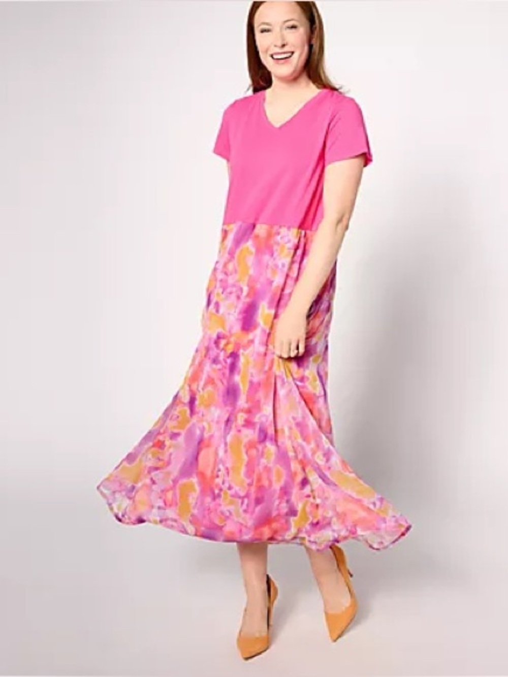 LOGO Lori Goldstein Fuchsia Watercolor Mixed Media Chiffon Maxi Dress Sz M